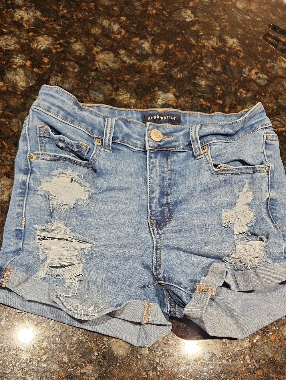 Aeropostale Light Blue Distressed Denim Roll-Cuff Shorts